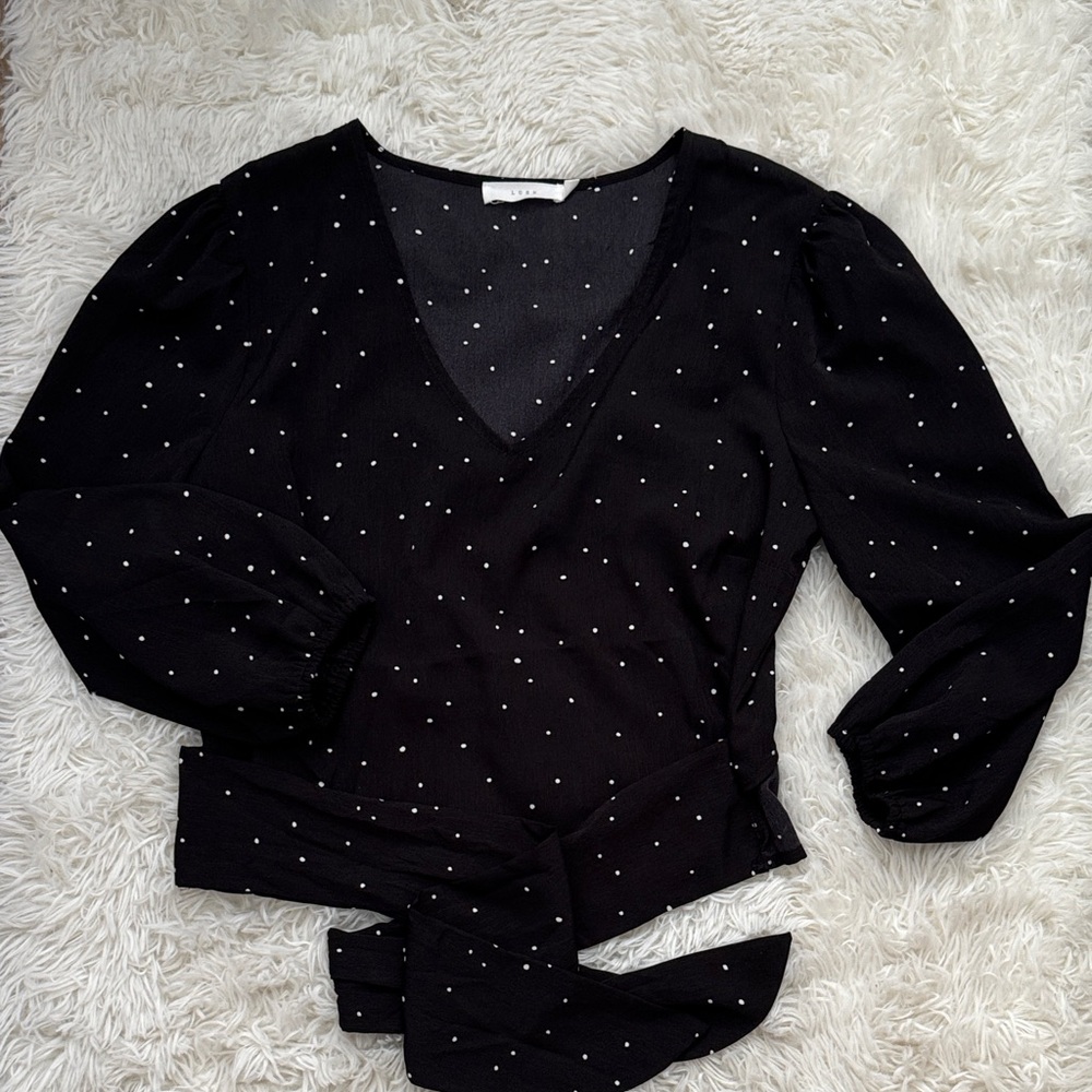 Lush Black and White Dotted Wrap Blouse